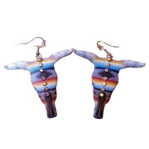 Large bull cow head Southwestern Western cow girl dangle earrings